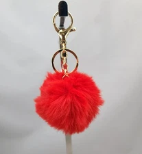 Red Purse Charm Keychain Key Fob Fluffy Plush Ball Key Ring Pom-Pom