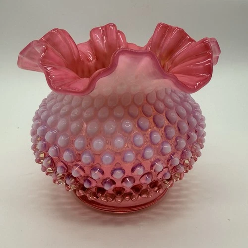 VTG Fenton Cranberry Opalescent Hobnail Ruffled Vase Rose Bowl Art Glass 4 1/2"