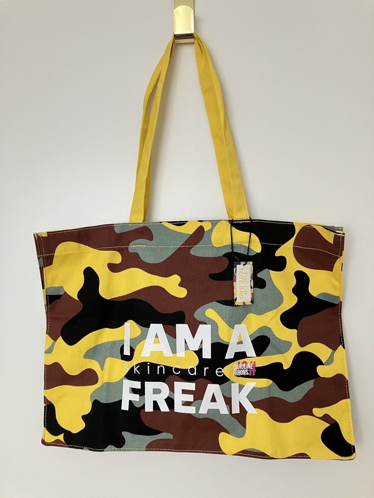 Caroline Hirons Canvas Shopper Tote camuflaje amarillo marrón gris negro nuevo