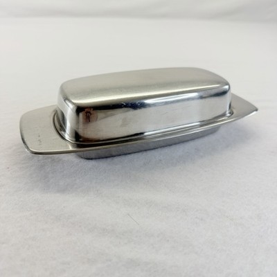 Vintage Effepi Stainless Steel Covered Butter Dish MCM Italy 18/8 Inox Two-Piece