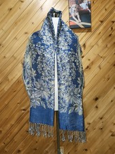 Pashmina Scarf Wrap Cape Stole 67 x 28 plus 3" Fringe Glittery Blue Gold NWOT