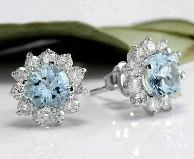 Damen-Ohrstecker 3 kt Rundschliff Laborgefertigt Aquamarin 14 kt Weißgold-Finish