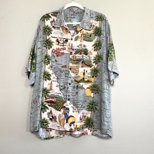 Reyn Spooner Hawaiian Shirt Mens XL Tiki Aloha Palm Tree California Art Rayon