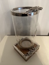 Large HURRICANE GLASS PILLAR CANDLE HOLDER SILVER WOOD 12 1/2