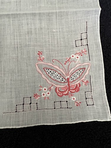Vintage Hankie Butterfly Straight Edge Handkerchief White Pink Hankerchief - Picture 3 of 4