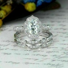 Engagement Trio Ring Set 14K White Gold 2.55Ct Oval Simulated Diamond Size 8.5