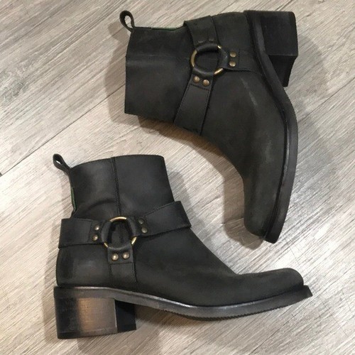 Black Leather Biker Harness Ankle Boots 