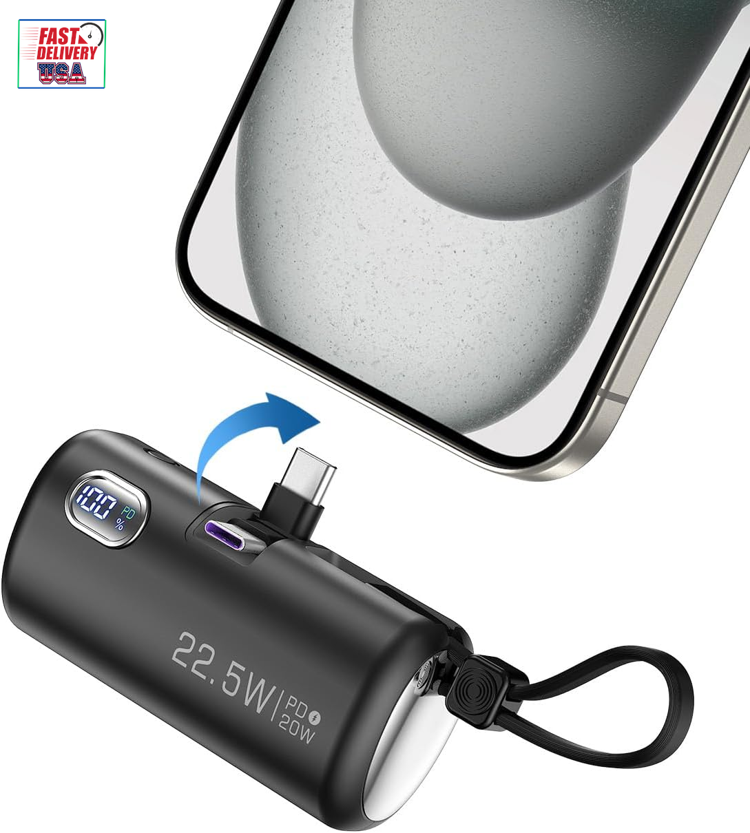 Mini Power Bank with Built-In Foldable USB-C Connector, 5,000Mah Small Portable