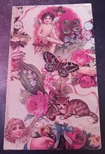 vtg postcard Carol WALD 1984 Valentine Cherub Cupid Kitten art  unposted