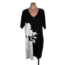 Natori Womens Sayuri V Neck Sweater Dress Black White Wool Size L