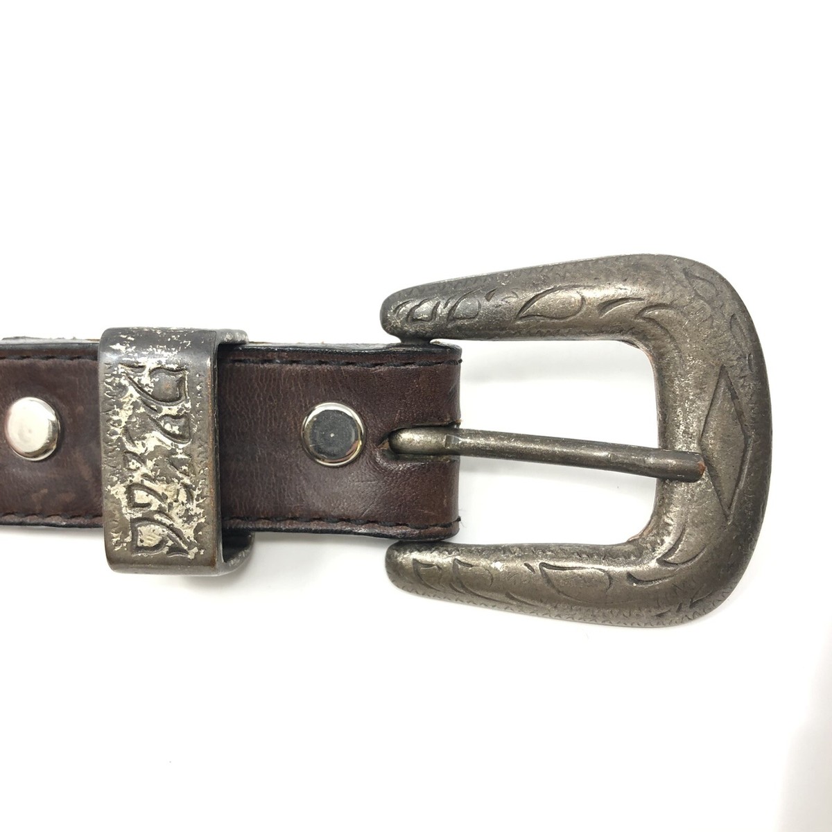 Vintage Another Line Inc Leather Belt with Decorative Oversized Buckle, Size S ANOTHER LINE INC Brown Leather Western Belt Metal Medallion  main image 2