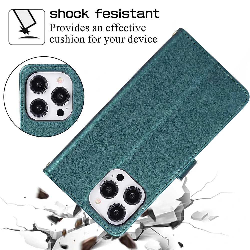 Durable Leather Zipper Flip Wallet Case for iPhone 15 Pro Max 14 13 12 11 XR