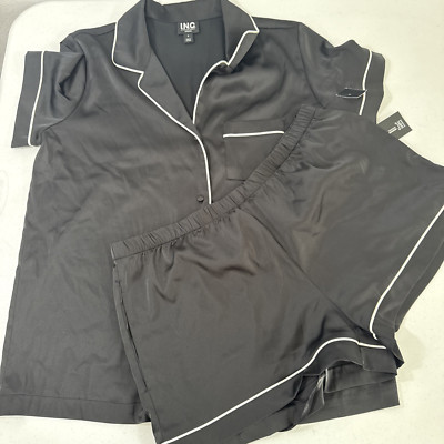 INC Pajama Womens Black Satin  Short Sleeve Paj ama Set