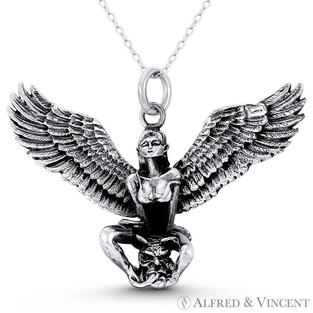 Winged Swimsuit Angel Demon Head Biker Sterling Silver Pendant-image