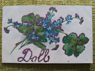 Fantasy Postkarte 1906, Vergissmeinknoten geprägt mit Glitzer. 