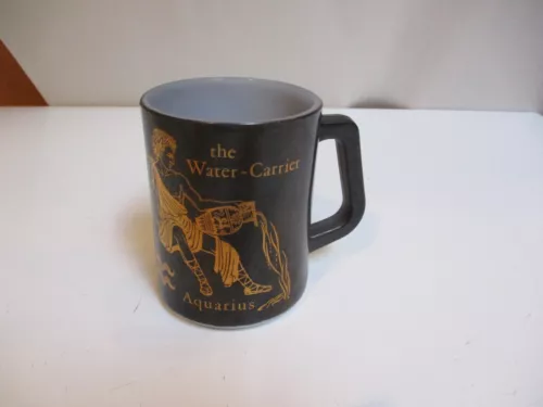 Vintage FEDERAL Aquarius Horoscope Coffee Cup Mug Black Milk Glass Gold Trim