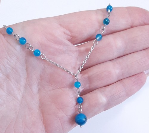 Healing Stone Blue Agate Y Shaped Lariat Necklace Non-Tarnish Steel Chain - Picture 4 of 8