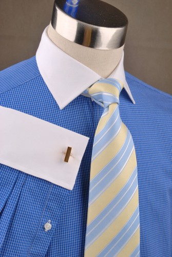 Camisa de vestir azul de diseñador a cuadros para hombre blanca en contraste puño francés cuello extendido - Imagen 9 de 11