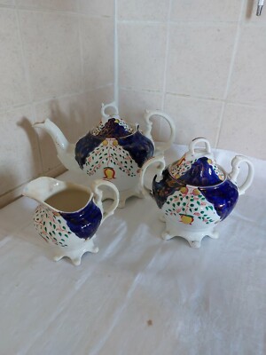 Antike Gaudy Welsh Swansea Cottage Tulpe Teekanne Trio aus dem 19. Jahrhundert