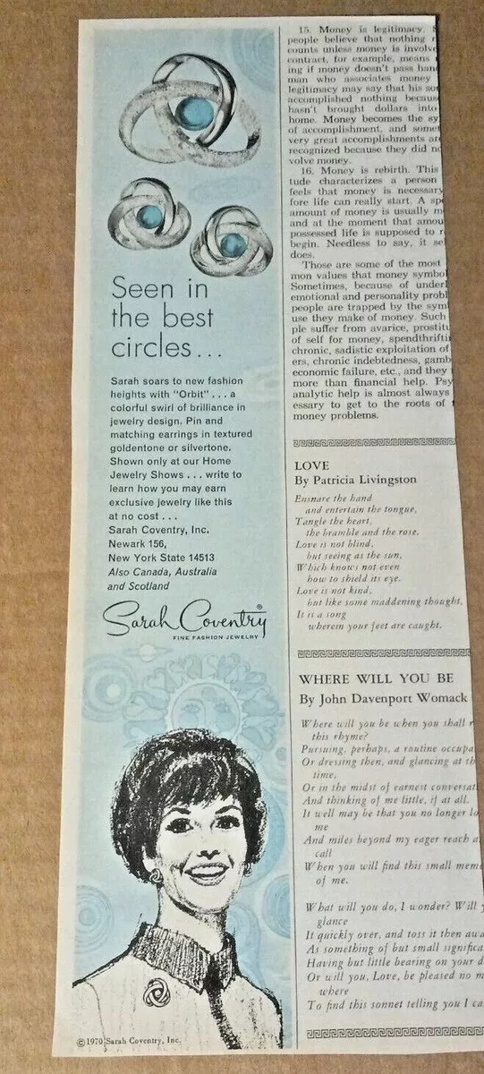 1970 print ad - Sarah Coventry fashion jewelry Orbit swirl vintage  advertising