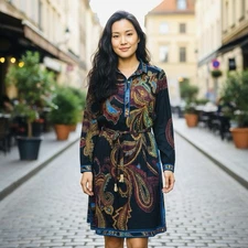 LEONARD Paris Vintage Midi Belted Dress Black & Paisley - See Measurements