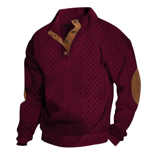 Men's Jacquard Sweatshirt Stand Collar Slim Long Sleeve Top Knit Pullover Hoodie - Picture 24 of 32