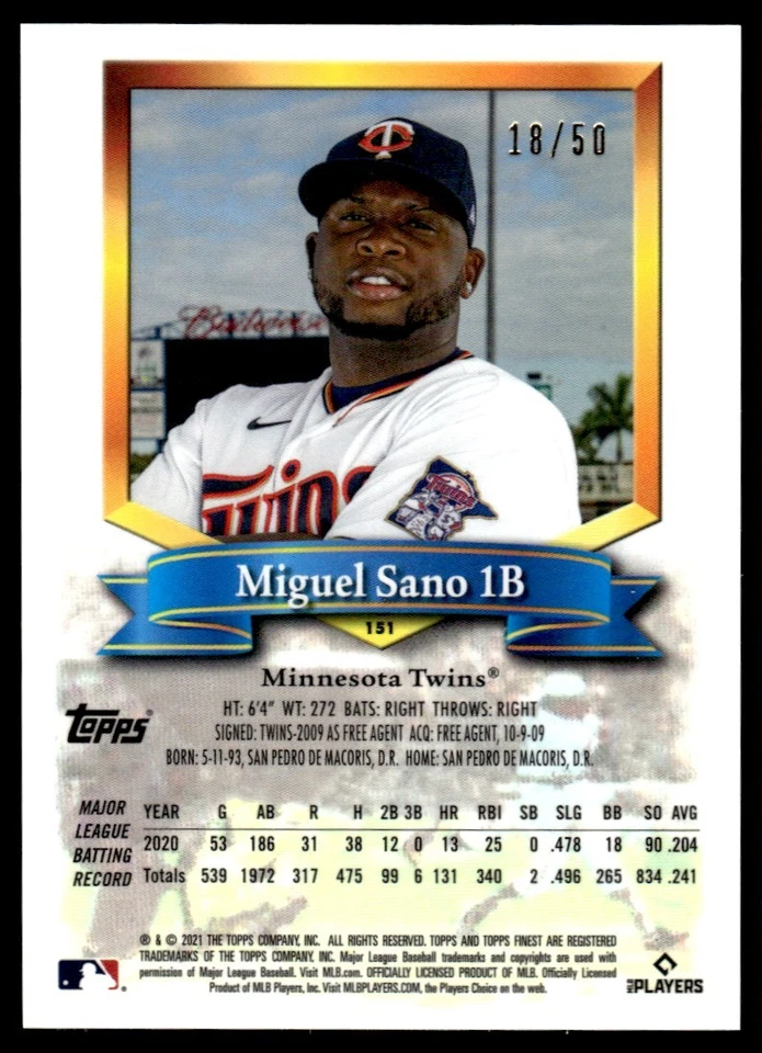 2021 Topps Finest Flashbacks Gold Refractor Miguel Sano 18/50 Minnesota Twins - Image 2 of 2