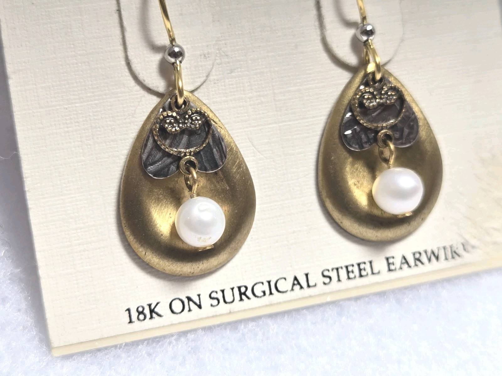 SILVER FOREST Three-Layer Drop Earrings Pearl Accent Brass/Brushed Gold Tone 18K image 2