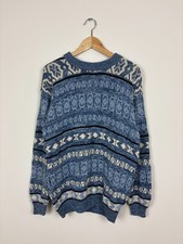 Vintage 1990s Chic Knit Sweater / Blue Patterned Pullover / Size Large