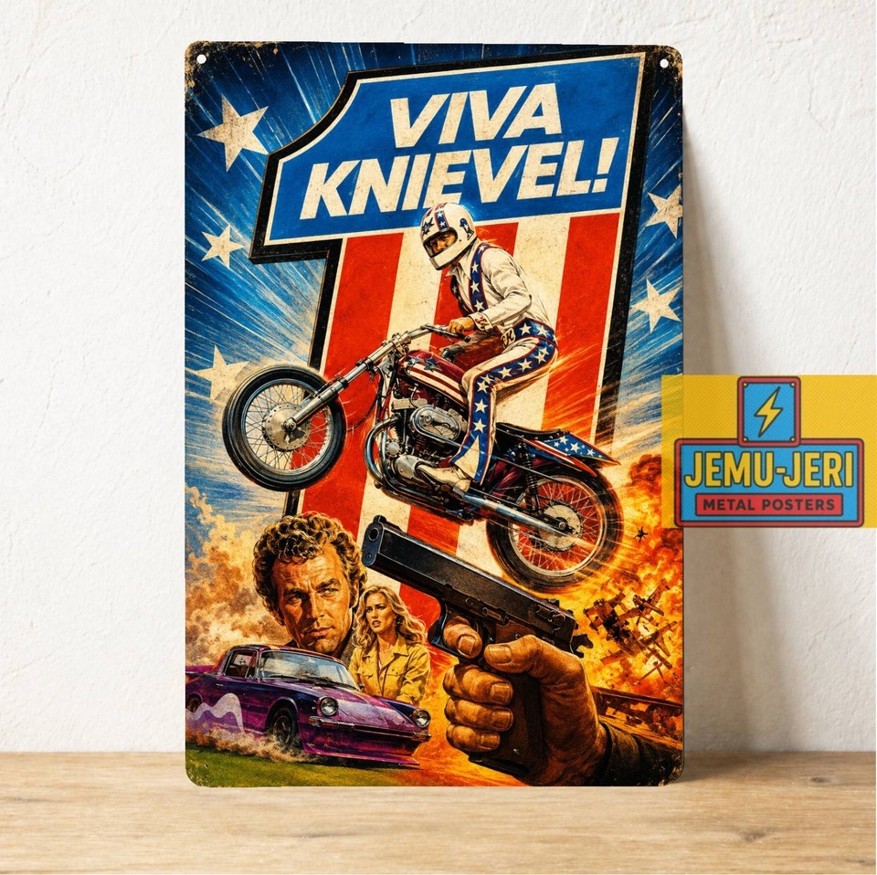 Evel Knievel tin poster captures peak 1970s daredevil energy — instant retro cool for any garage or den wall.