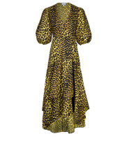 Ganni Animal Print Wrap Dress Womens 6 Black Yellow Cotton