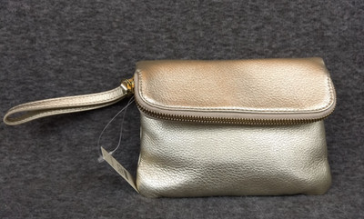 Talbots Gold Metallic Leather Wristlet Clutch Zipper Top Foldover Snap Bag NEW
