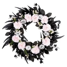 Artificial Pretty Morbid Pink Carnation Halloween Wreath, Black, Silver Pumpk...