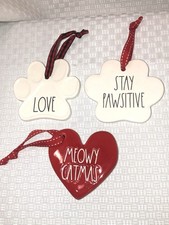 Rae Dunn 3 Cat Ceramic Christmas Ornaments Meowy Catmas, Love, Stay Pawsitive