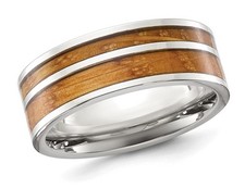 Mens Stainless Steel Polished Twin Wood Inlay Wedding Band Ring