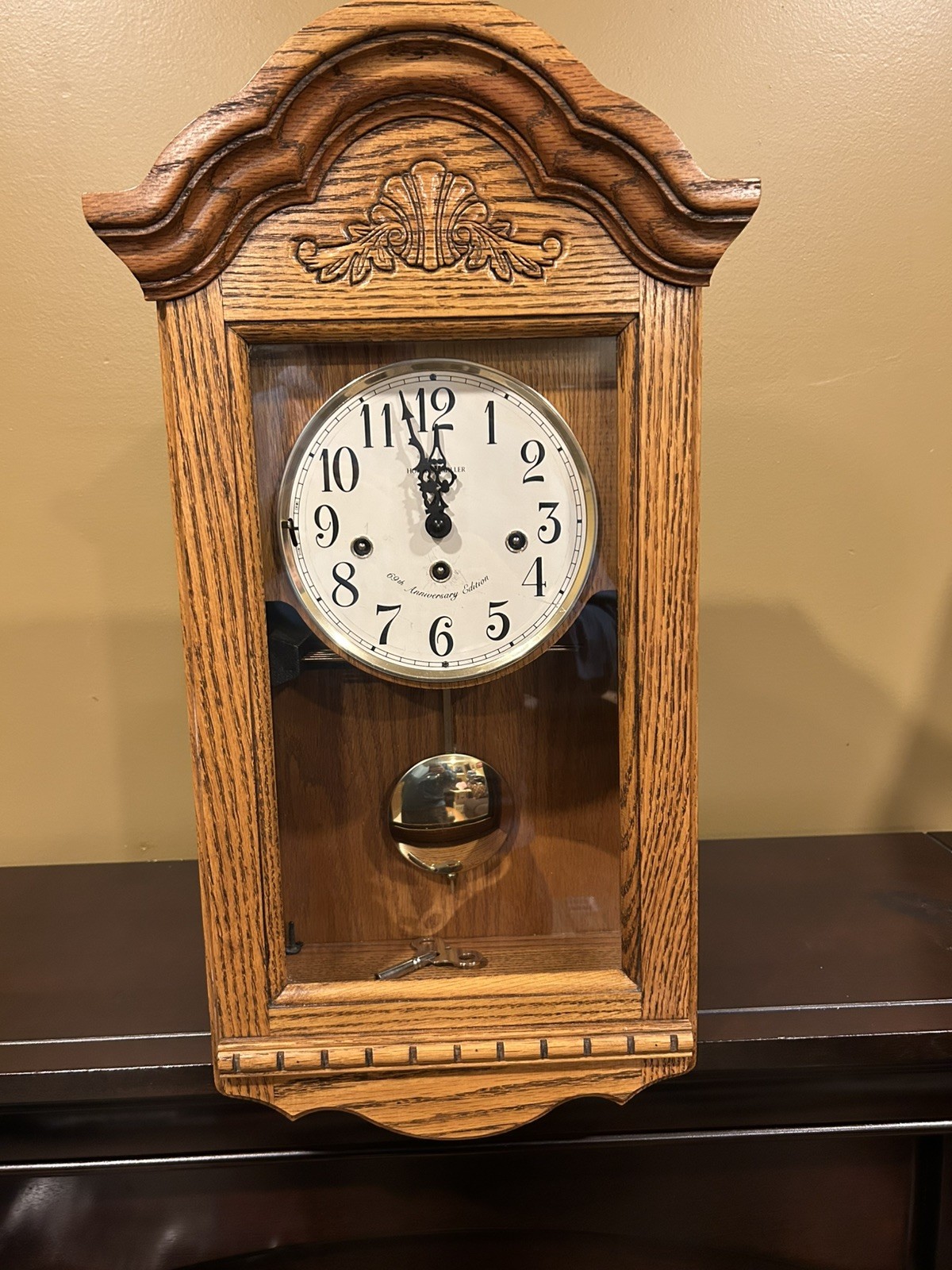 Howard Miller 69th Anniversary Oak Wall Clock 620-134 Wound Westminster Chime