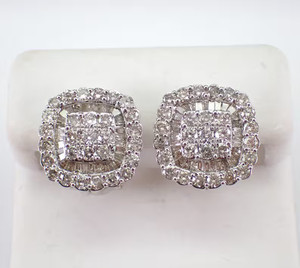Authentic 2.50Ct Round Cut Moissanite Square Cluster Stud Earrings 14K White Gold Plated
