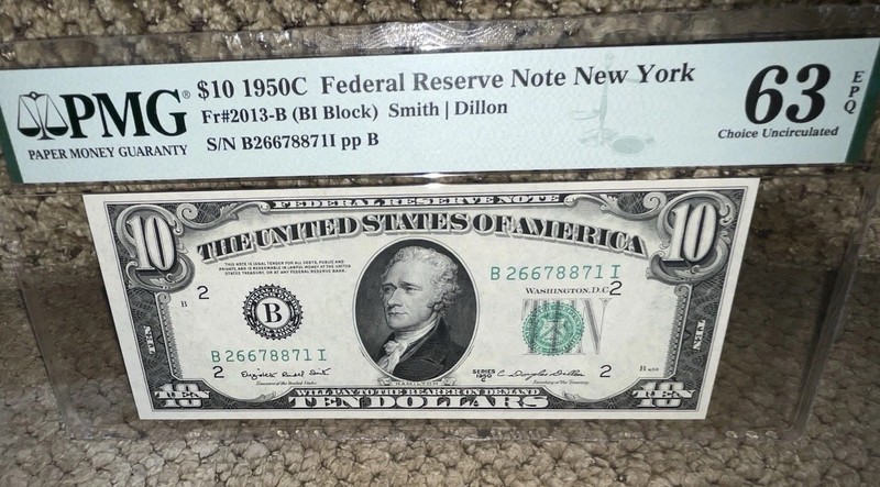 1950C $10 Federal Reserve Note New York Smith, Dillon 63 PMG EPQ BI