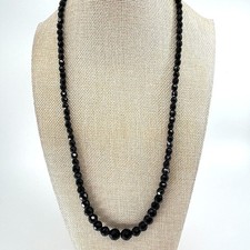 Vintage Art Deco Black Faceted Bead Necklace with Rhinestone Hook Clasp Accent