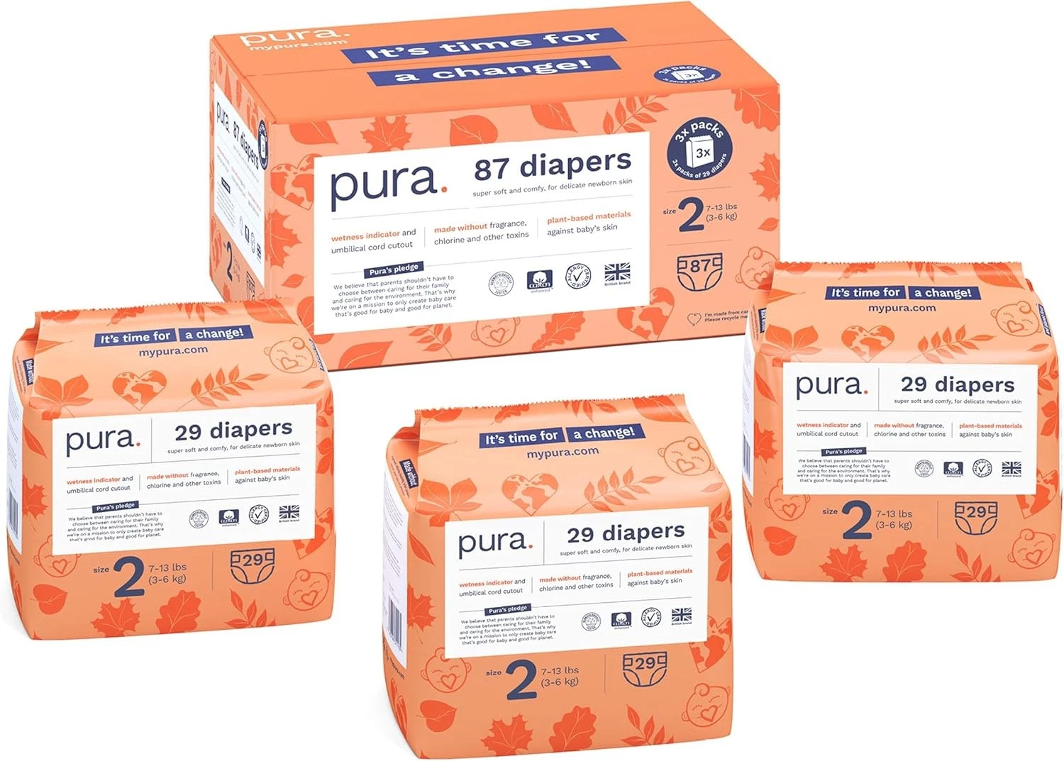 Pura Hypoallergenic Diapers, Size 2 (7-13 lbs) Totally Chlorine Free, White
