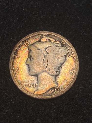 1925-P Silver Mercury Dime, Colorful Rainbow Album Toning - Picture 1 of 18