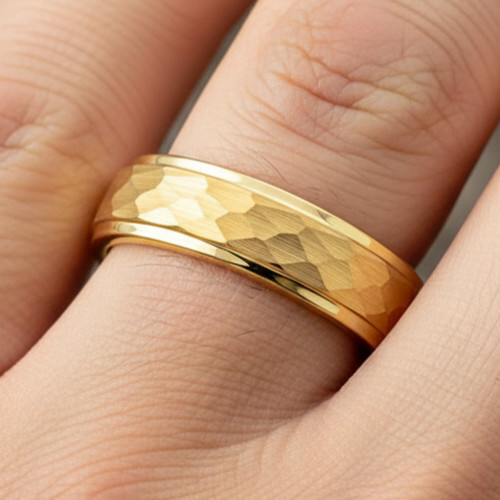 6mm Yellow Gold IP plated Wedding Band Hammered Center Stepped Edge Ring