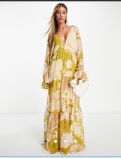 ASOS maxi dress tie waist oversized green floral print Sz 8 Fairy Boho Festival