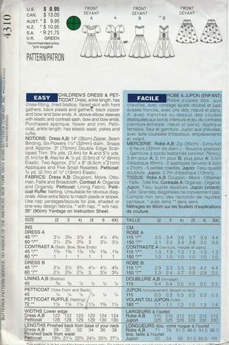 Childs Dress Petticoat Sewing Pattern U-Pick Size 2-4 or 5-6X Butterick 4310 OOP - Picture 2 of 2