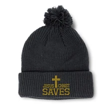 Pom Pom Beanies for Women Jesus Christ Saves Embroidery Acrylic Skull Cap 1 Size