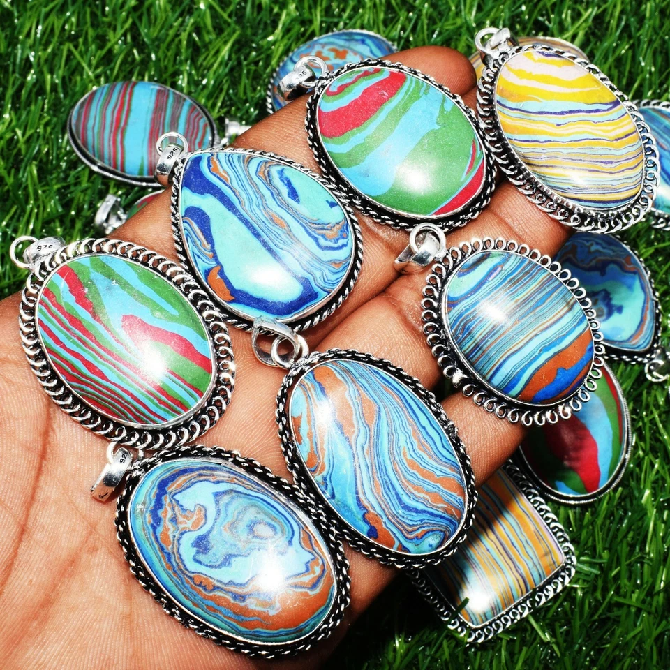 Lote de 5 peças de pingente de pedra preciosa arco-íris calsílica folheado a prata 925 por atacado - Imagem 4 de 4