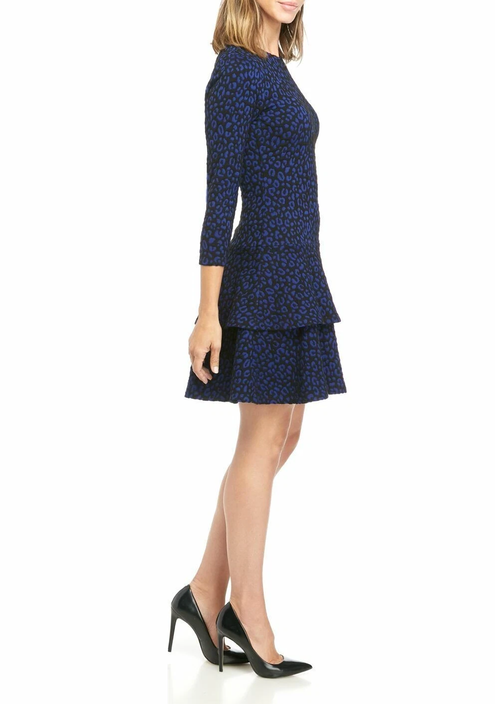 Abito MICHAEL KORS blu nero leopardato jacquard maglia a strati gonna con volant S = 4 6