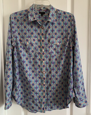 Talbots Womens Shirt Long Sleeve Button-Front Blue Floral