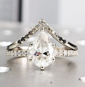 Authentic Stackable 1.50Ct Pear Cut Moissanite Engagement Ring Set 14K White Gold Plated