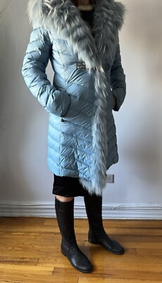 VIOLANTI GOOSE DOWN PUFFER COAT DYED SILVER FOX HOOD BLUE ITALY SIZE XS
